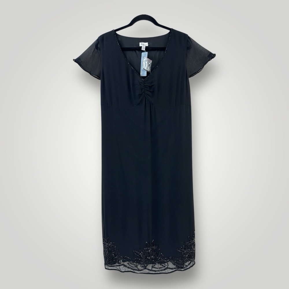 Mimi Maternity Dress 100% Silk Black Maxi Beautiful Beaded Hem‎ Sleeves Neck NEW